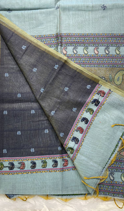 Sky Blue Soft Cotton Silk Saree with Traditional Folk Art Border Daily Office Wear |CS3|