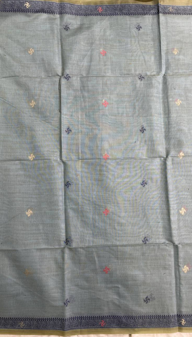 Sky Blue Soft Cotton Silk Saree with Traditional Folk Art Border Daily Office Wear |CS3|