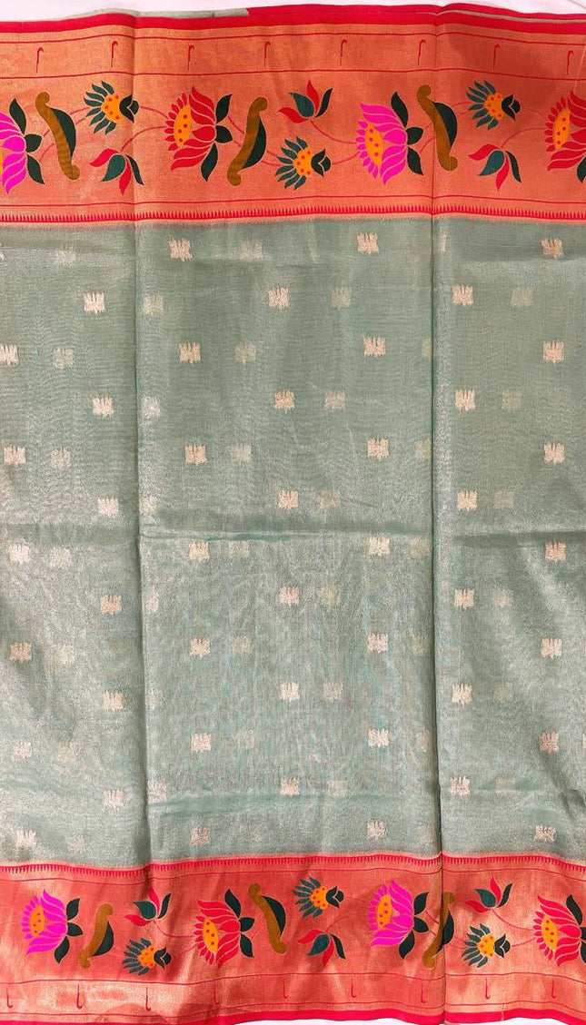 Sea Green Tissue Cotton Saree with Floral Zari Border Office Wear Saree |CS2|