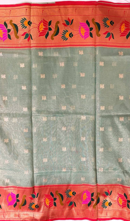 Sea Green Tissue Cotton Saree with Floral Zari Border Office Wear Saree |CS2|
