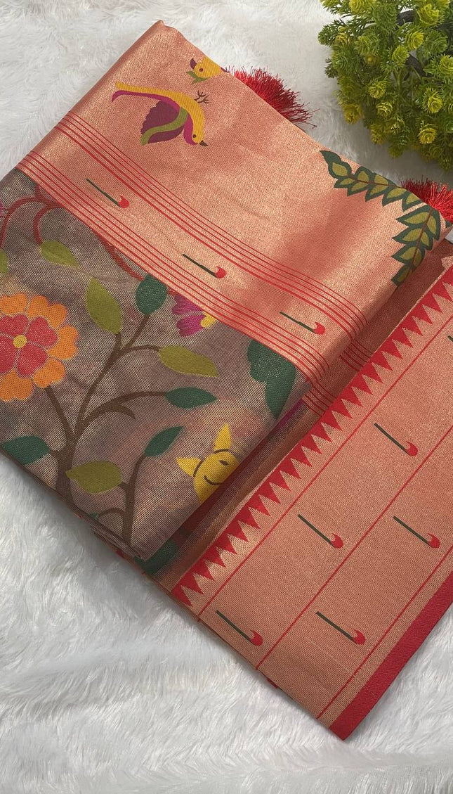 Brown Tissue Saree with Paithani Border & Kalamkari Body |CS4|