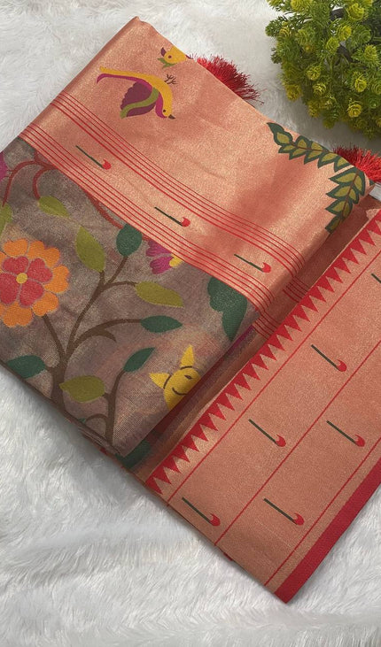 Brown Tissue Saree with Paithani Border & Kalamkari Body |CS4|