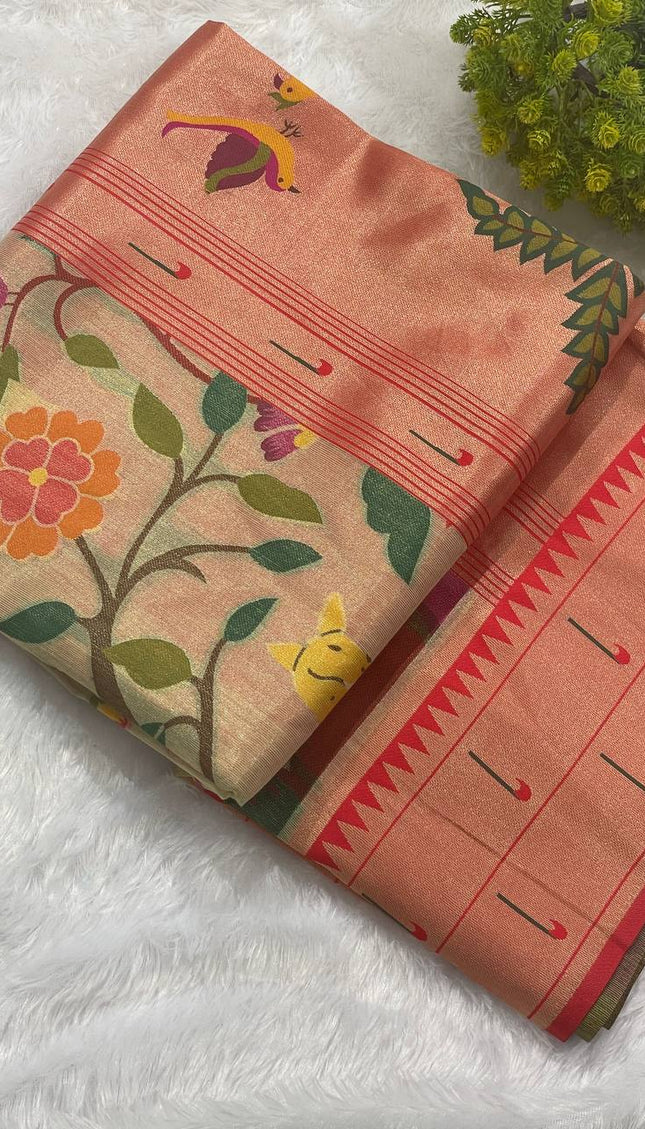 Cream Peach Tissue Saree with Paithani Border & Kalamkari Body |CS4|