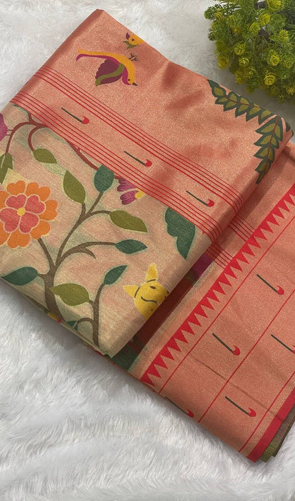 Cream Peach Tissue Saree with Paithani Border & Kalamkari Body |CS4|