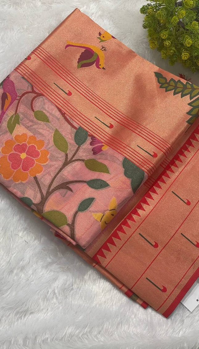 Pink Tissue Saree with Paithani Border & Kalamkari Body |CS4|