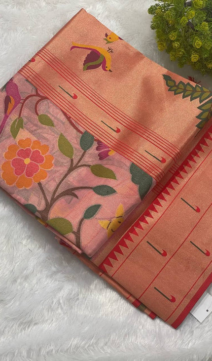 Pink Tissue Saree with Paithani Border & Kalamkari Body |CS4|