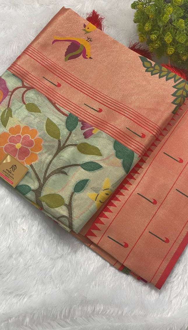 Pastel Green Tissue Saree with Paithani Border & Kalamkari Body |CS4|