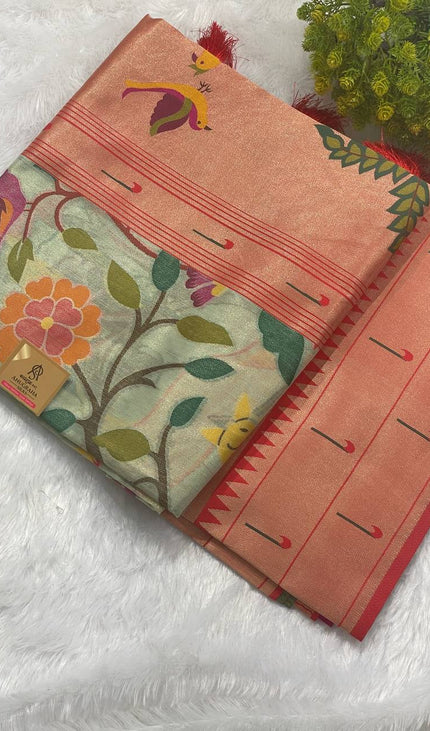 Pastel Green Tissue Saree with Paithani Border & Kalamkari Body |CS4|