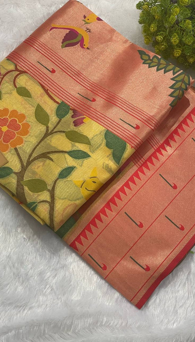 Yellow  Tissue Saree with Paithani Border & Kalamkari Body |CS4|