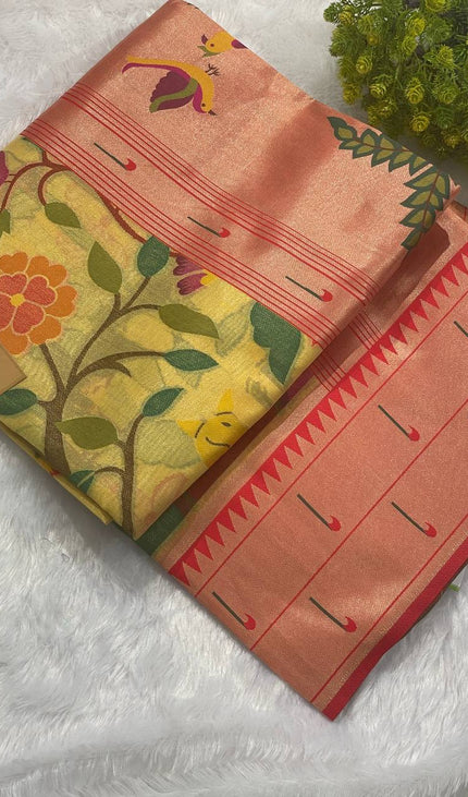 Yellow  Tissue Saree with Paithani Border & Kalamkari Body |CS4|