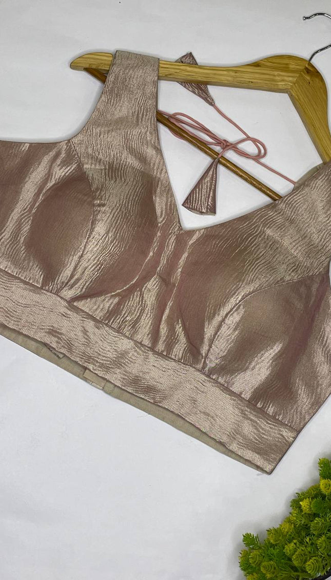 Champagne Gold Tissue Designer Readymade Blouse – Free Size Upto 42|B1