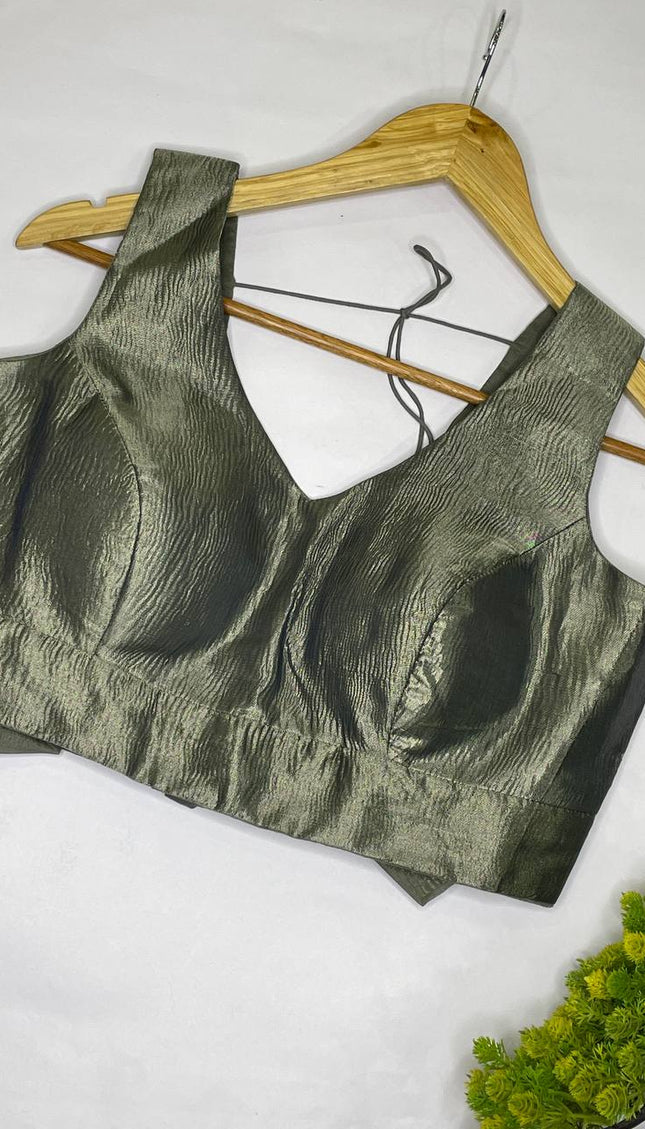 Olive Green Tissue Designer Readymade Blouse – Free Size Upto 42|B1