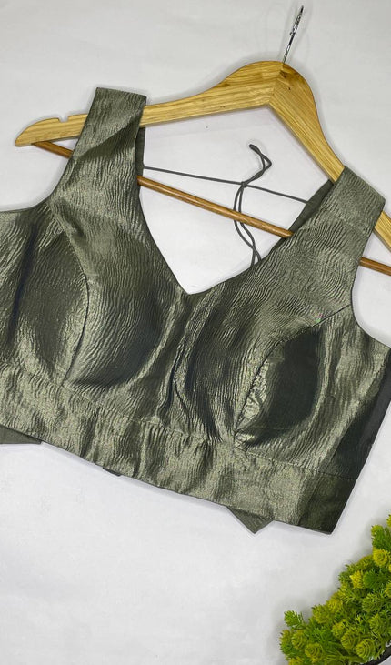 Olive Green Tissue Designer Readymade Blouse – Free Size Upto 42|B1