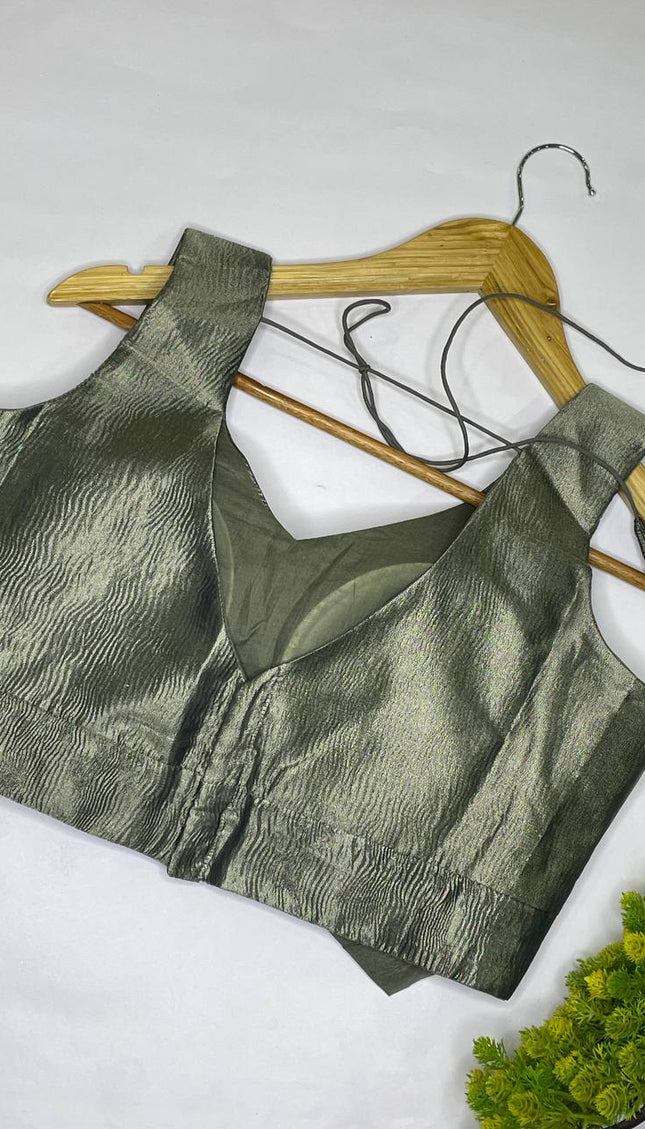Olive Green Tissue Designer Readymade Blouse – Free Size Upto 42|B1