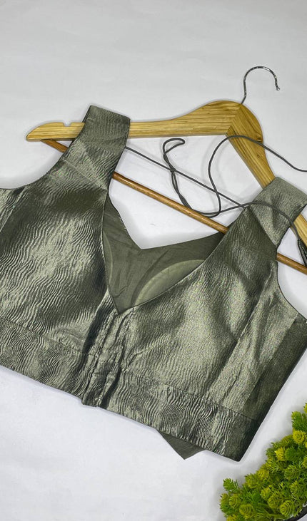 Olive Green Tissue Designer Readymade Blouse – Free Size Upto 42|B1