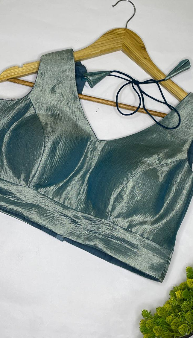 Sea Green Tissue Designer Readymade Blouse – Free Size Upto 42|B1