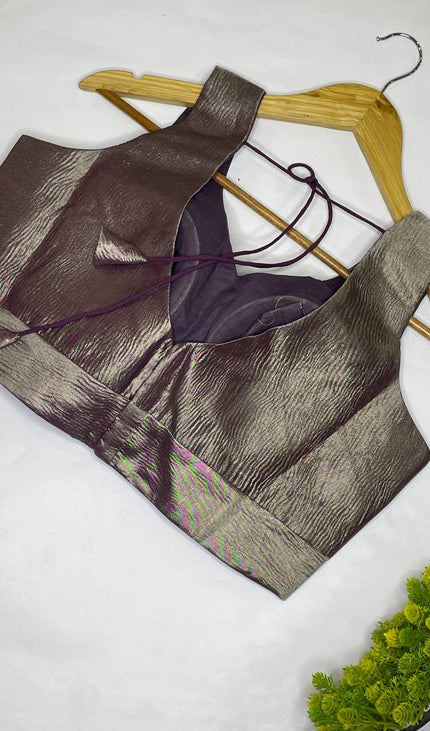 Coffee Brown Tissue Designer Readymade Blouse – Free Size Upto 42|B1