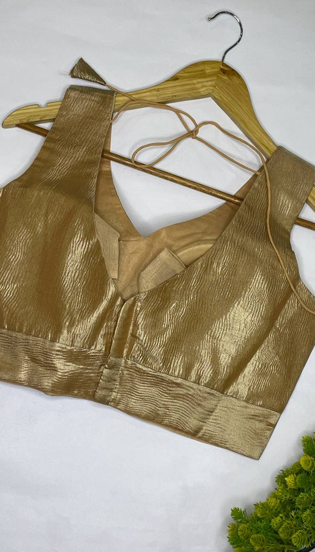Classic Gold Tissue Designer Readymade Blouse – Free Size Upto 42|B1