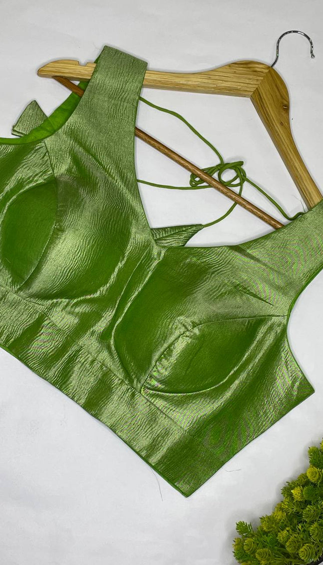 Lime Green Tissue Designer Readymade Blouse – Free Size Upto 42|B1