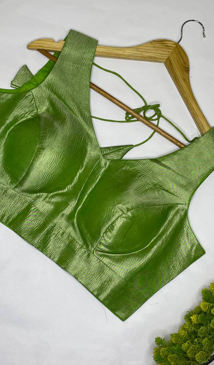 Lime Green Tissue Designer Readymade Blouse – Free Size Upto 42|B1