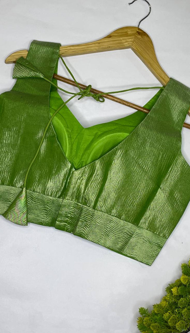 Lime Green Tissue Designer Readymade Blouse – Free Size Upto 42|B1