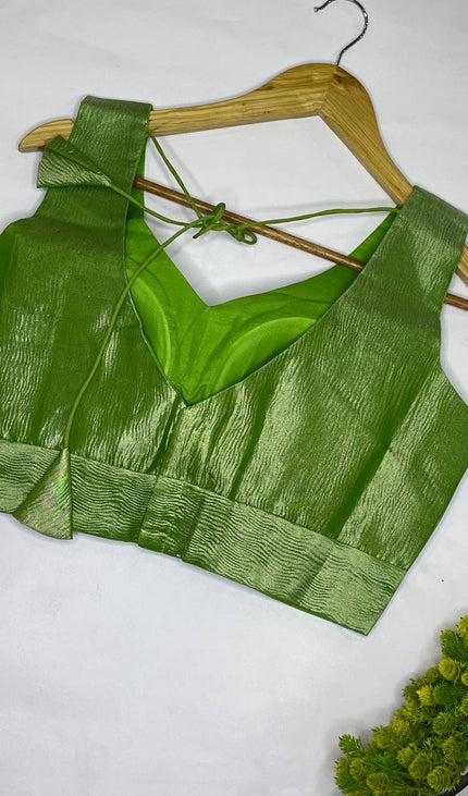 Lime Green Tissue Designer Readymade Blouse – Free Size Upto 42|B1