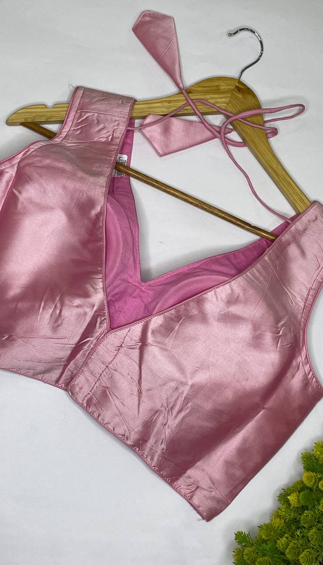 Baby Pink Cotton Silk Designer V-Neck Saree Blouse – Readymade Free Size Upto 42 |B3