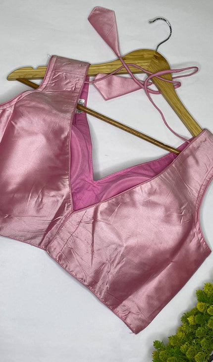 Baby Pink Cotton Silk Designer V-Neck Saree Blouse – Readymade Free Size Upto 42 |B3