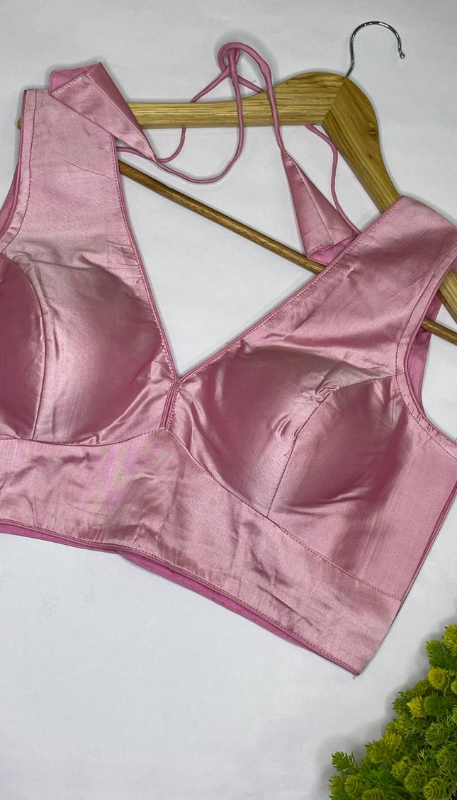 Baby Pink Cotton Silk Designer V-Neck Saree Blouse – Readymade Free Size Upto 42 |B3