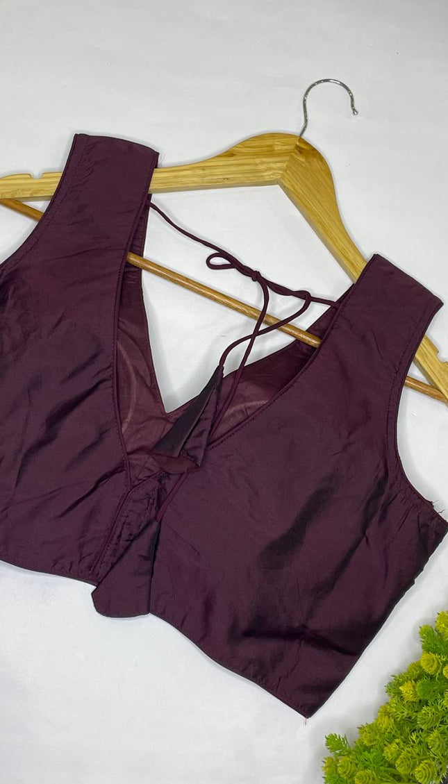 Wine Maroon Cotton Silk Designer V-Neck Saree Blouse – Free Size Upto 42 |B3