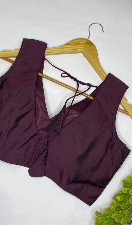 Wine Maroon Cotton Silk Designer V-Neck Saree Blouse – Free Size Upto 42 |B3