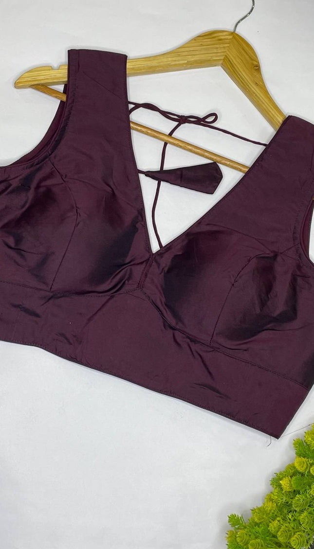 Wine Maroon Cotton Silk Designer V-Neck Saree Blouse – Free Size Upto 42 |B3