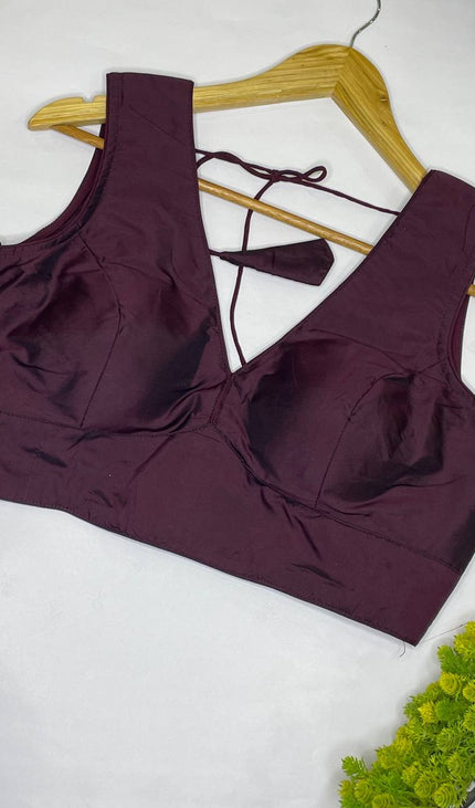 Wine Maroon Cotton Silk Designer V-Neck Saree Blouse – Free Size Upto 42 |B3