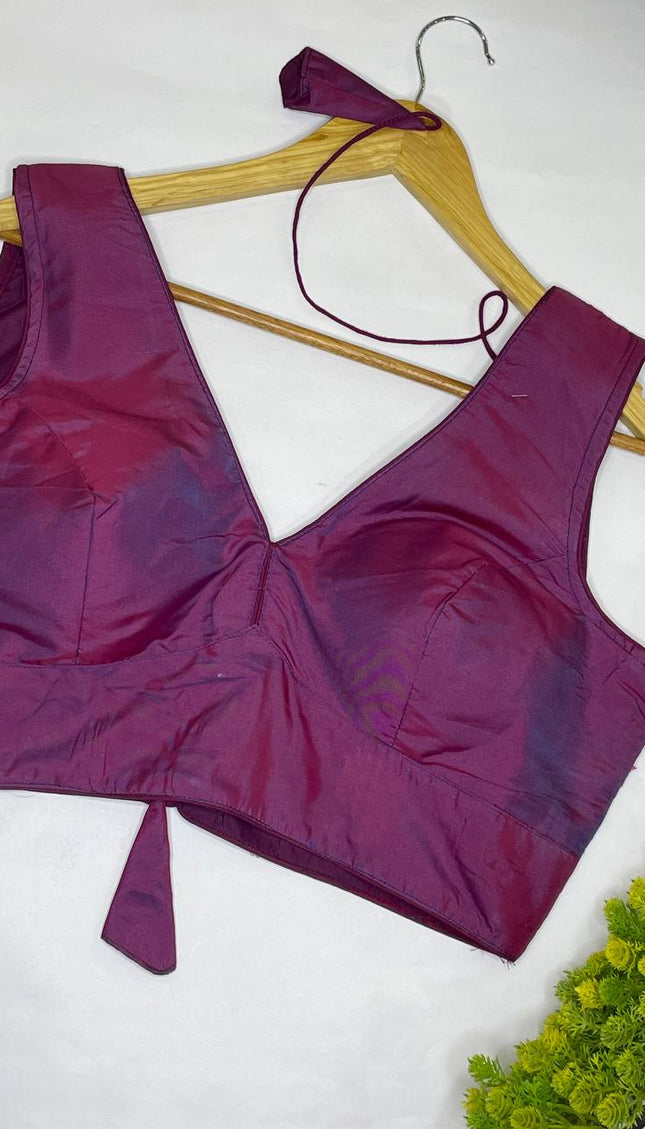Dual Tone Magenta Cotton Silk Designer V-Neck Saree Blouse – Free Size Upto 42 |B3