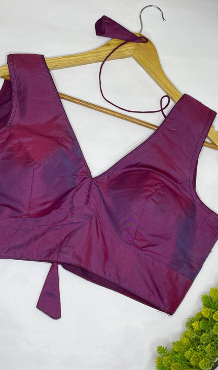 Dual Tone Magenta Cotton Silk Designer V-Neck Saree Blouse – Free Size Upto 42 |B3