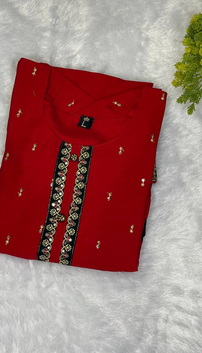 Red georgette Straight with Zori Work Panel|SC1_1