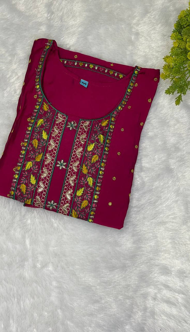 Magenta soft cotton silk Straight Cut Kurti with Thread Work Panel|SC2