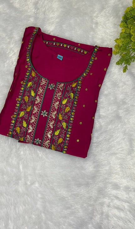 Magenta soft cotton silk Straight Cut Kurti with Thread Work Panel|SC2