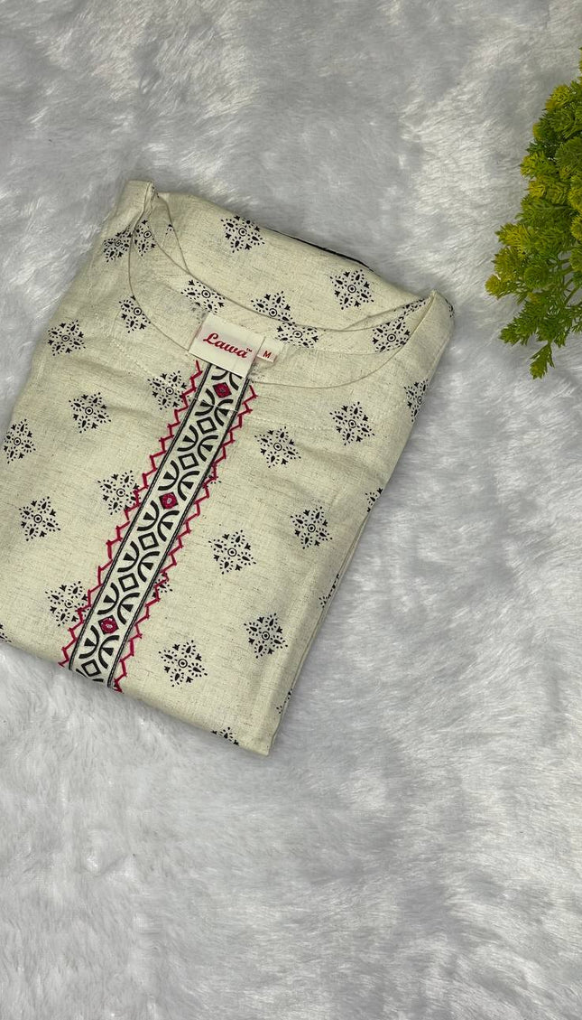 Off White Cotton Linen Straight Cut Kurti with Thread Work Panel|SC4
