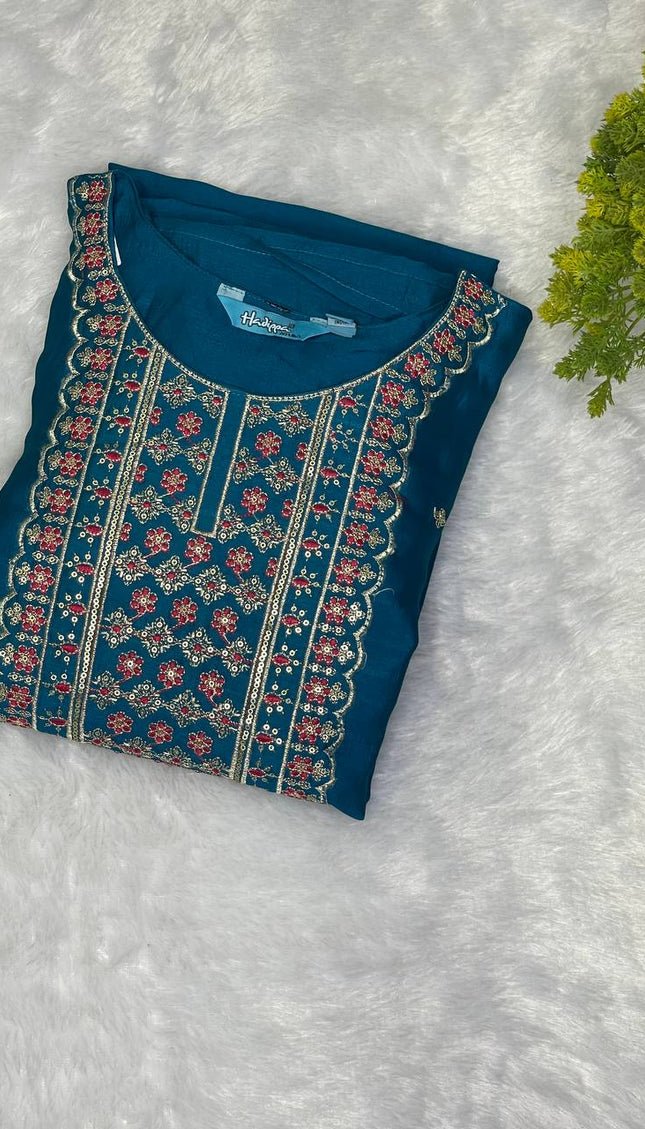 Teal Blue Georgette Straight Cut with Floral Embroidered Panel|SC5