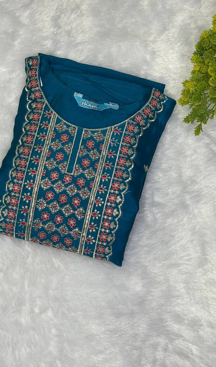 Teal Blue Georgette Straight Cut with Floral Embroidered Panel|SC5