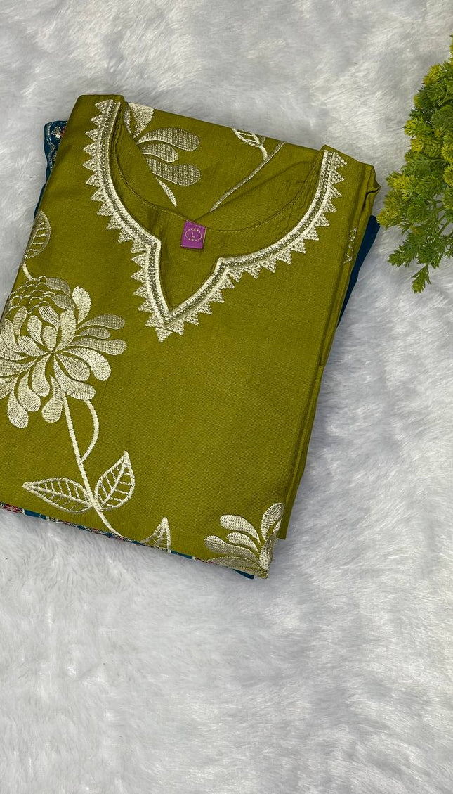 Olive Green  Linen jute Straight Cut with Floral Thread Design|SC6