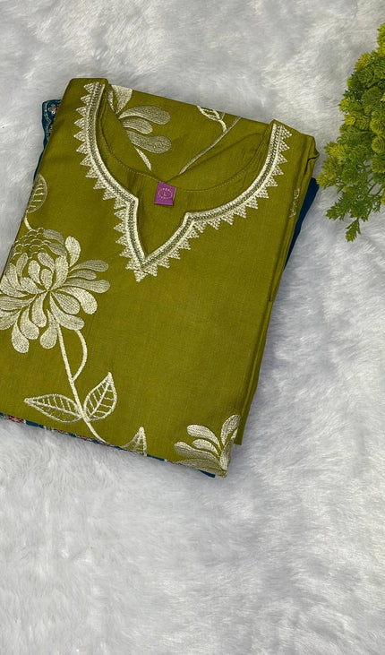 Olive Green  Linen jute Straight Cut with Floral Thread Design|SC6