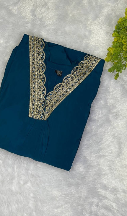 Teal Blue Muslin Anarkali  with Designer Neck Embroidery|A1