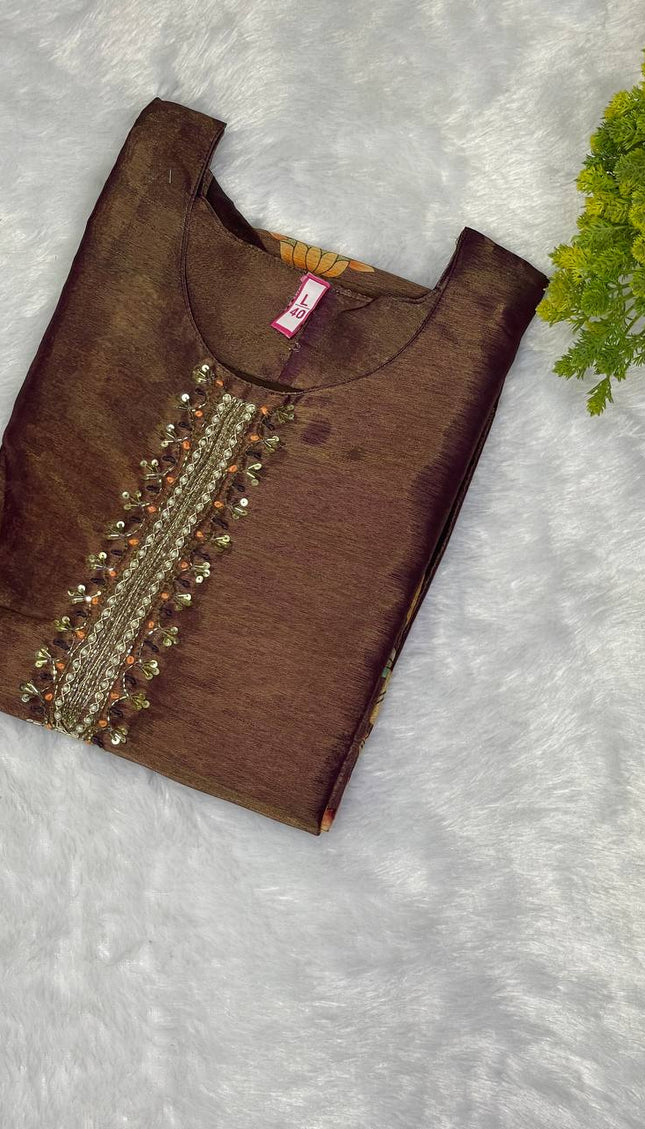 Brown  Tissue Silk Straight Cut with Beaded Embroidery|SC8_1