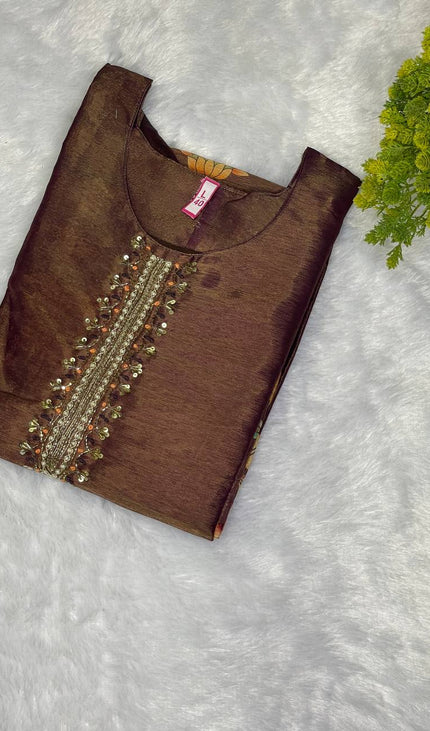 Brown  Tissue Silk Straight Cut with Beaded Embroidery|SC8_1