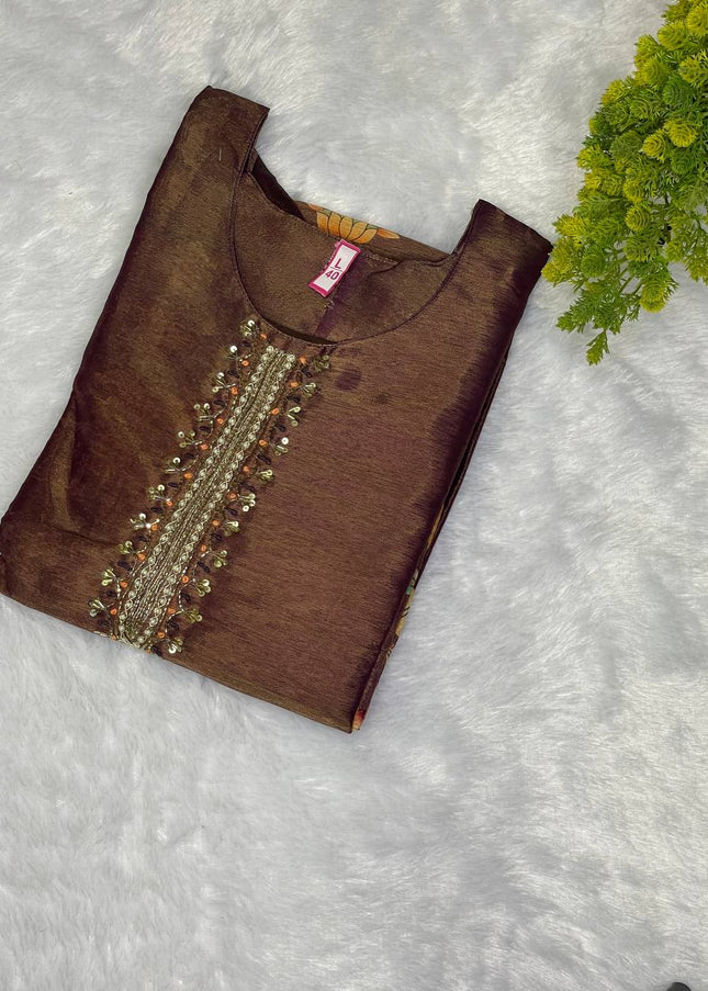 Brown  Tissue Silk Straight Cut with Beaded Embroidery|SC8_1