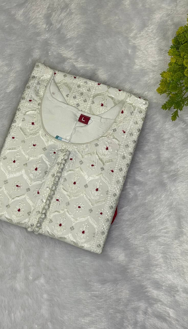 White Cotton Silk Straight Cut Kurti with All Over Embroidery|SC10