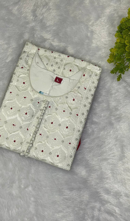 White Cotton Silk Straight Cut Kurti with All Over Embroidery|SC10