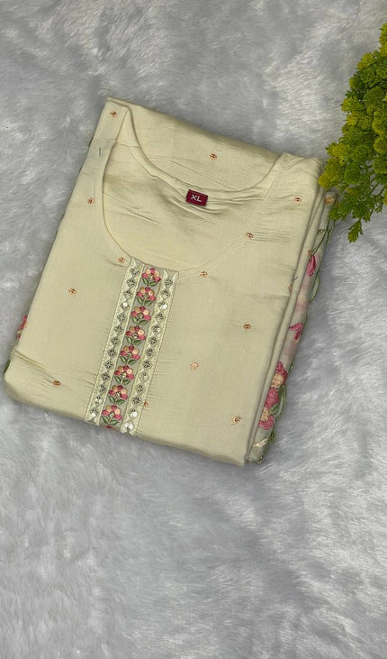 Cream Silk  Straight Cut Kurti with Floral Panel Work|SC9